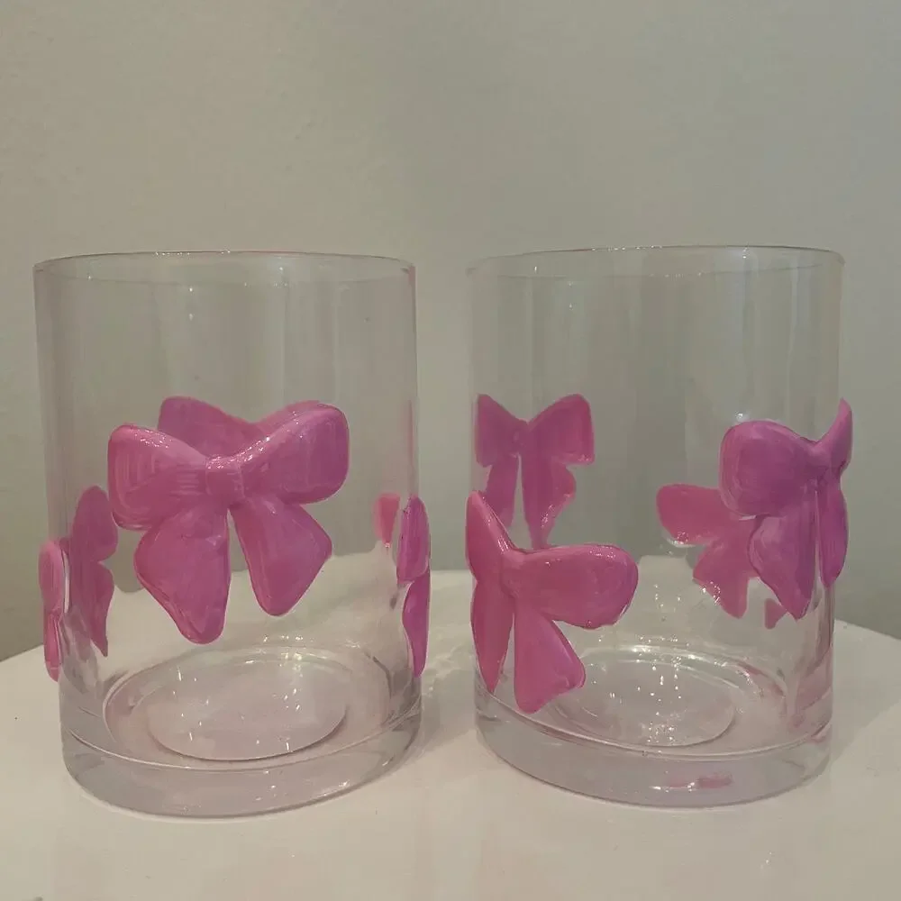 VIRAL Pink Bow Embossed Glass Clear Tumbler Cups Set of 2 NEW